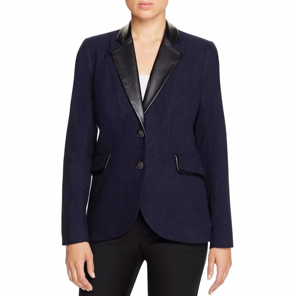 Foxcroft Wool Faux Leather Trim Two-Button Blazer